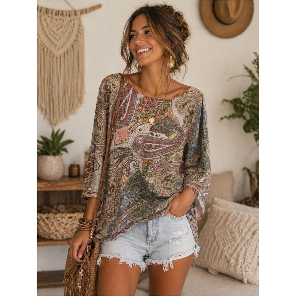 Lavender Brown Boho Chic Paisley Long-Sleeve Tunic Top - Multicolor Earth Tones
